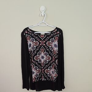 Old Navy Black and Pink Graphic Long Sleeve Blouse